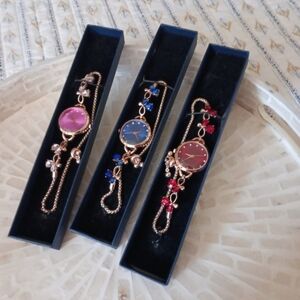 Women's BLUE, RED & PINK Stones Adjustable Gold Watch